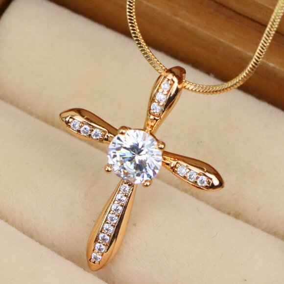 "Elegant Cross Pendant with Center Solitaire in Rose Gold Finish, XPPT1828 - Picture 1 of 13